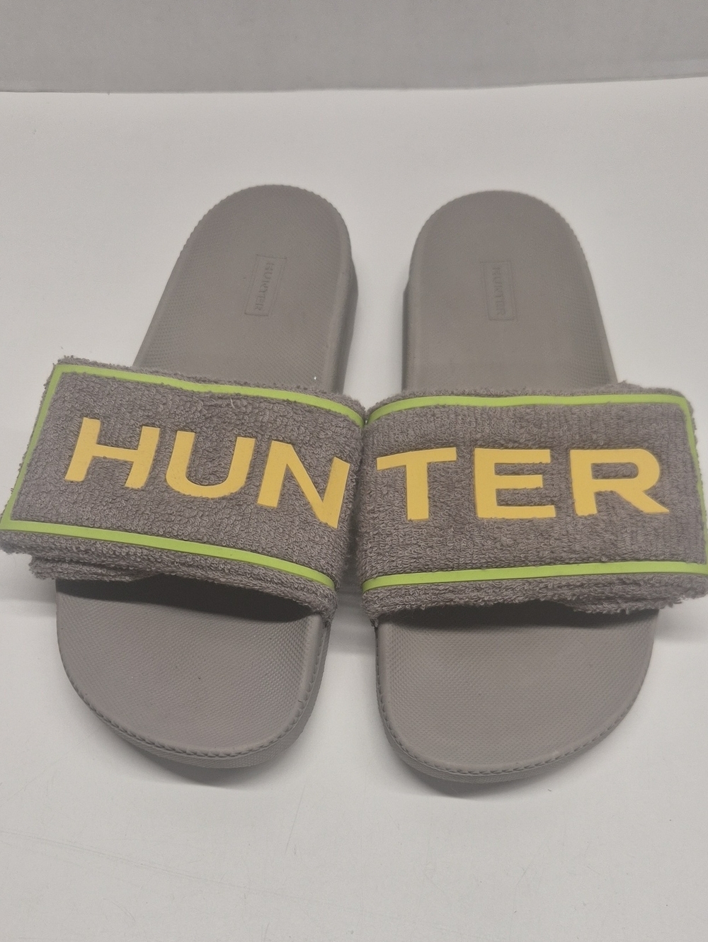 Hunter Terry Towelling Logo Adjustable Slides Slip On Sandals Shoes Grey Size 10